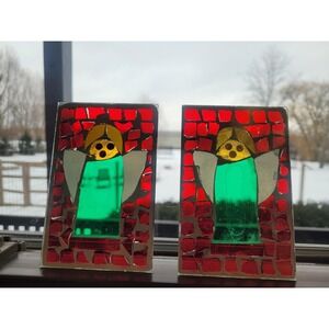 Vintage Handmade Stained Glass Angel Panels – Folk Art Mosaic Window Decor Set 2